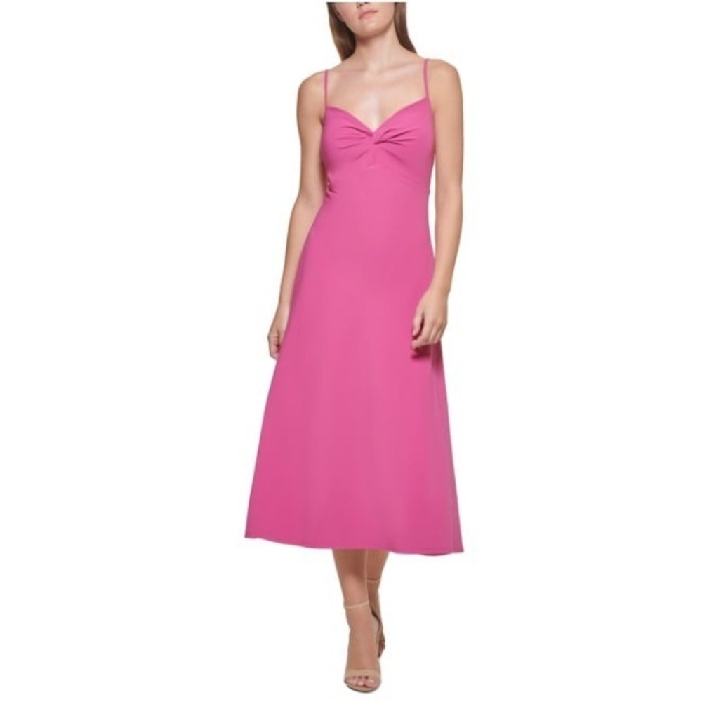 GUESS Pink Midi Dress Sz 10 Sleeveless Spaghetti Strap Fit Flare Party